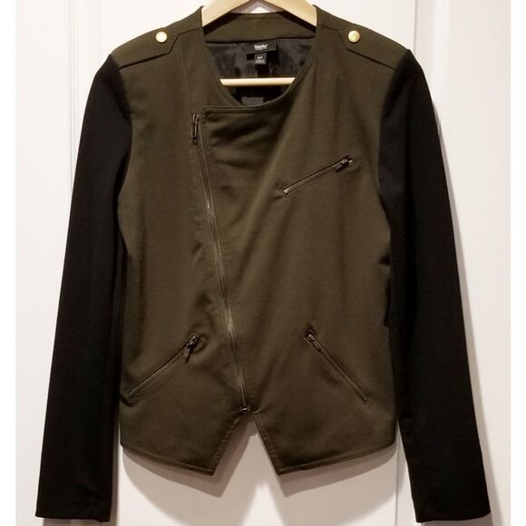 Mossimo Black Green Asymmetrical Zipper Moto Knit Jacket Size Small S/P - Picture 2 of 5